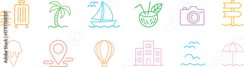 A series of drawn icons for a summer vacation.  A doodle-style, hand-drawn sketch of a summer vacation.  travel bag, camera, and doodle element on the palm.  A humorous graphic picture of tourism