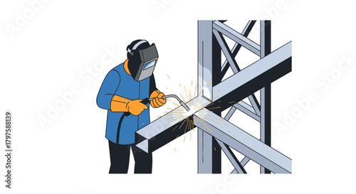 Skilled welder expertly joining steel beams with precision for a robust structure, showcasing craftsmanship and industrial prowess in construction