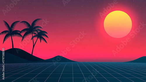 Neon sunset palm silhouette retro grid horizon calm