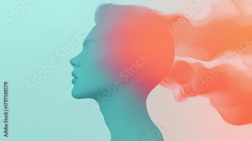Abstract profile of female head with flowing colorful smoke and calm expression