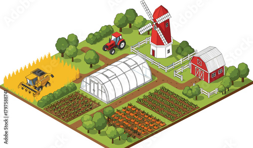 Detailed isometric vector illustration of a productive farm environment featuring a greenhouse, windmill, tractor, combine harvester, barn, and fields of growing crops, symbolizing agriculture and foo
