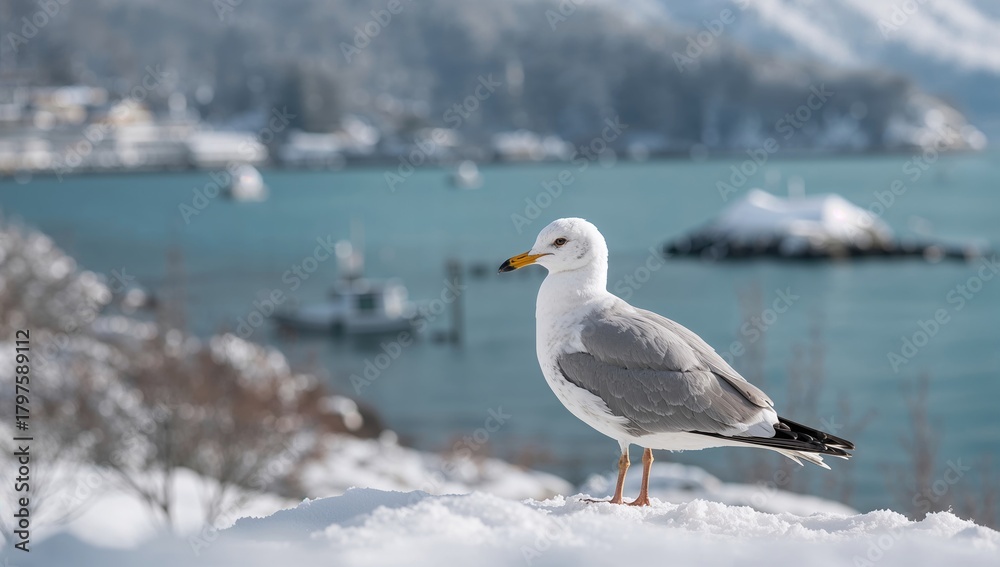Obraz premium Seagull perched at Porteau Cove during winter, seasonal change