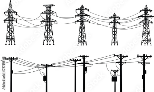 High voltage power towers, utility poles, electrical distribution lines, energy infrastructure silhouettes, transmission network structures and components, cad drawing flat vector illustration