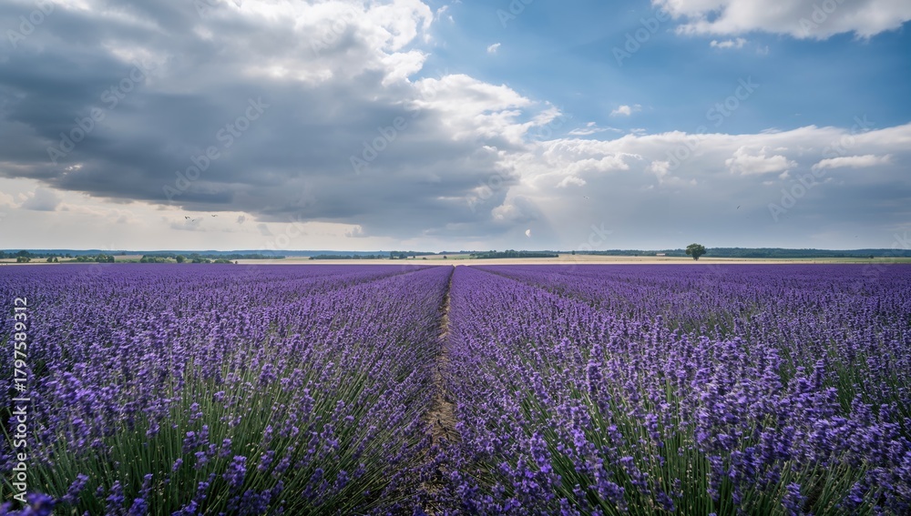 Naklejka premium Lavender field under overcast skies, seasonal change