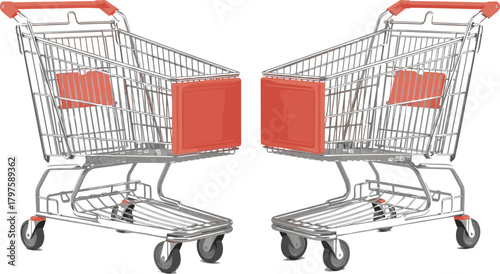 Realistic vector illustration featuring two mirrored metal wire shopping carts with red handles, symbolizing retail, supermarket commerce, consumerism, online purchasing, and modern grocery store tech
