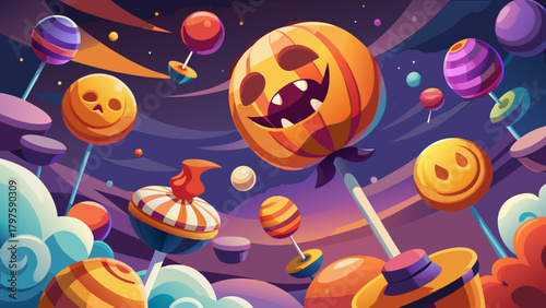 Whimsical halloween candy land with lollipop pumpkins