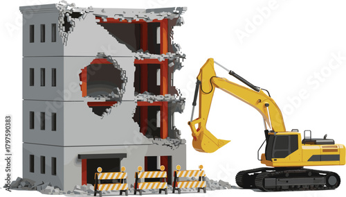 Vector illustration depicting a demolition site where a large yellow excavator is tearing down a ruined concrete building, symbolizing construction, destruction, deconstruction, and urban renewal proj