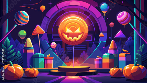 Halloween scene with pumpkin lollipop and decorations