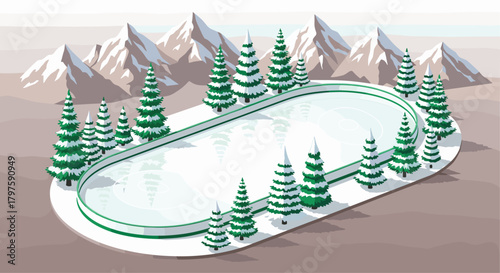 Magical winter ice skating rink surrounded by snow-covered pine trees with mountains in the background perfect for family fun and holiday cheer