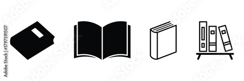 Illustration of open book with clean and symmetrical design. Presented in both outline and filled versions using a black and white. Vector illustration