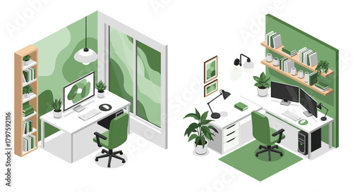 A productive and stylish workspace with this modern home office setup in soothing green tones for a calming, focused atmosphere indoors