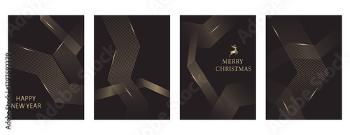 Merry Christmas and Happy New Year. Vector illustration templates for holiday greeting card, black background, website and social media banner, marketing material.