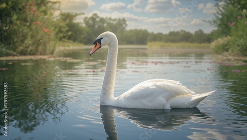 White Swan Floating on Wate...