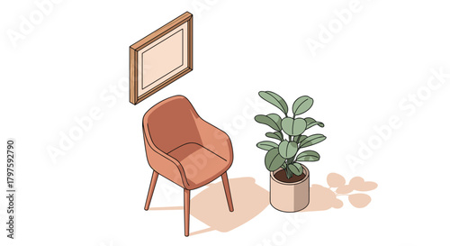 Modern living space featuring stylish chair, plant, and wall art perfect for home decor mockups or interior design inspiration