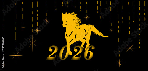 Chinese New Year of the Horse 2026. Golden Horse Silhouette on Black Background. Horse Zodiac Symbol.