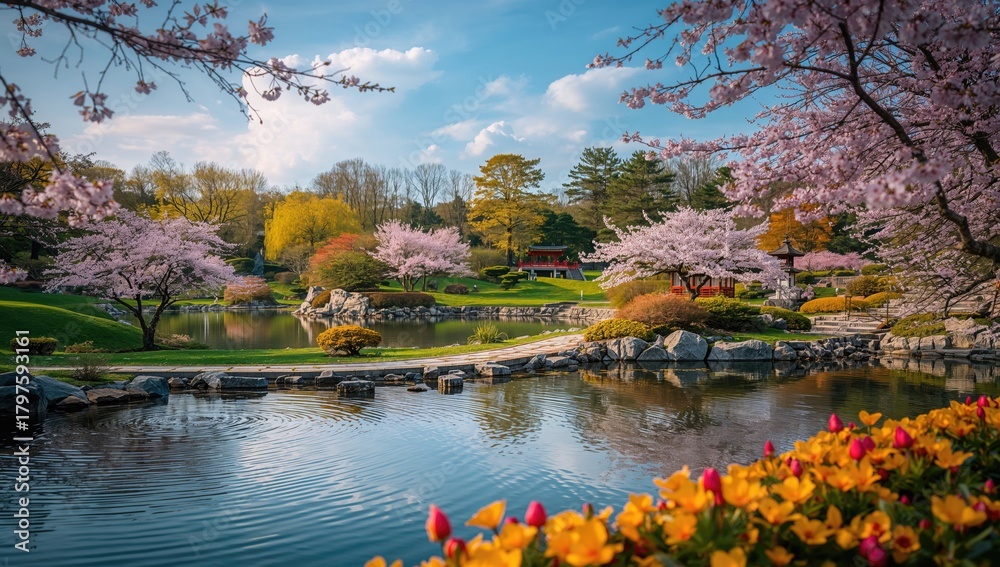 Fototapeta premium Spring blossoms in an Asian garden, showcasing seasonal change