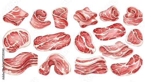 An illustrated collection of various raw meat slices, including bacon, ham, and prosciutto, arranged in different cuts and folds.