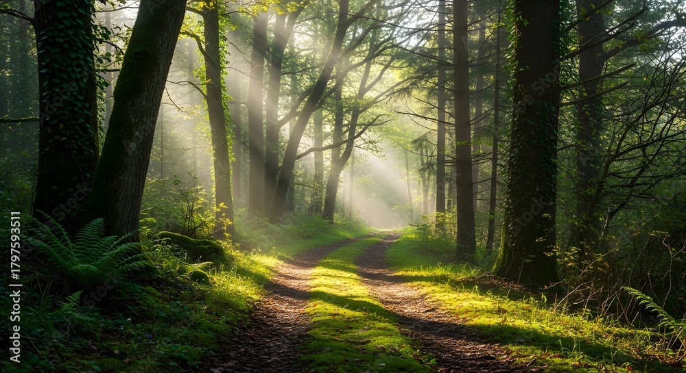 Obraz premium A path through a dense forest with sunlight streaming through the trees creating a hazy atmosphere