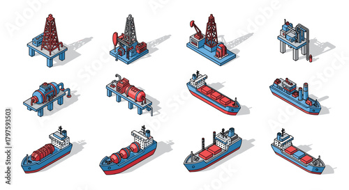 Isometric oil industry assets featuring cargo ships and rigs, perfect for industrial designs and modern oil production presentations