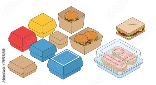 Quick takeout lunch options with burgers, sandwiches, and vibrant packaging for restaurants, food delivery, and convenient meal solutions