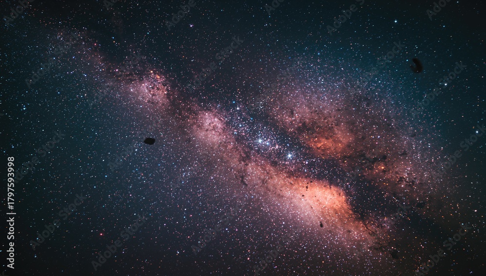 Obraz premium Milky Way Galaxy photographed with grainy texture, soft focus, and blur due to elevated ISO, extended exposure, and large aperture settings.