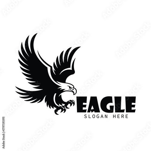 powerful black eagle mascot logo for sport and corporate , dynamic raptor bird emblem vector with spreading wings , classic flying eagle corporate or business brand identity 