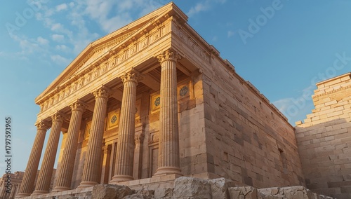 3D rendering of an ancient temple structure, architectural design study,