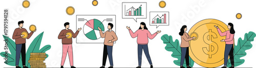 Flat design vector illustration of a professional business team analyzing financial growth charts and managing money, symbolizing investment, stock market success, and collaborative monetary strategy 
