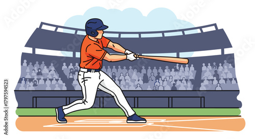 Dynamic baseball player swinging bat at stadium, ready to hit home run with crowd cheering, perfect for sports marketing or event promotion