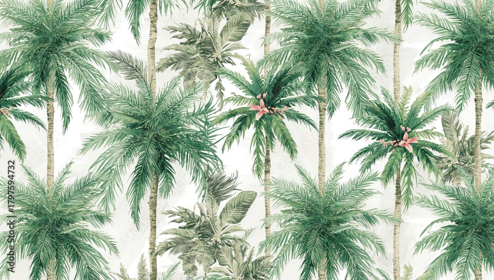 Fototapeta premium Seamless pattern of watercolor-style palm trees, suitable for editorial header background