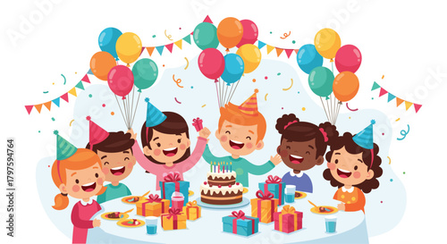 Joyful children celebrating a vibrant birthday party with cake, balloons, and gifts creating memorable childhood moments of fun and friendship