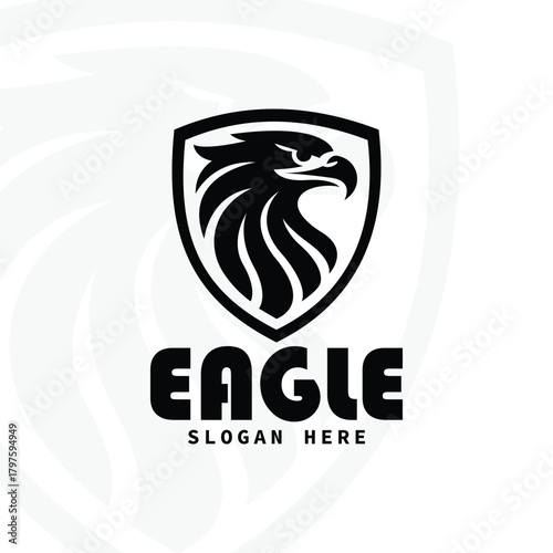Black eagle head on shield mascot logo vector template ,  security or sports team eagle crest emblem design , powerful raptor profile icon on black shield badge , corporate business brand identity 
