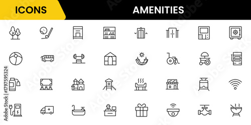 amenities facilities line icons, hotel parking restaurant park swimming pool, Vector illustration