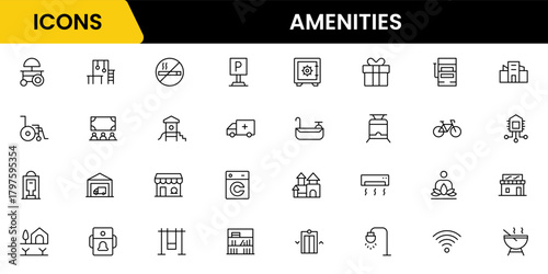 amenities facilities line icons, hotel parking restaurant park swimming pool, Vector illustration