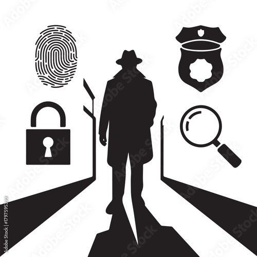Silhouette of a detective walking down a path surrounded by crime scene investigation symbols