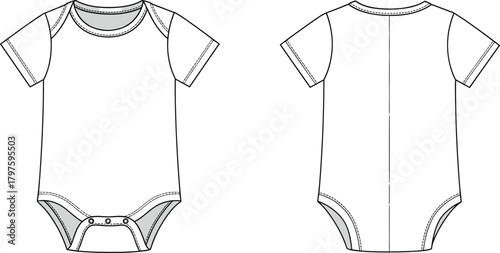 Baby bodysuit onesie apparel template front and back view for sewing pattern design, cad drawing flat vector illustration, clothing mockup layout