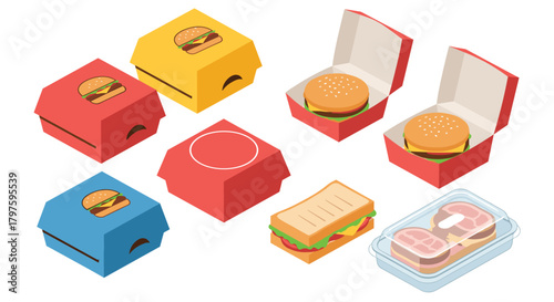 Isometric fast food feast featuring burgers, sandwiches, and treats for vibrant packaging and menu designs that evoke appetite and convenience