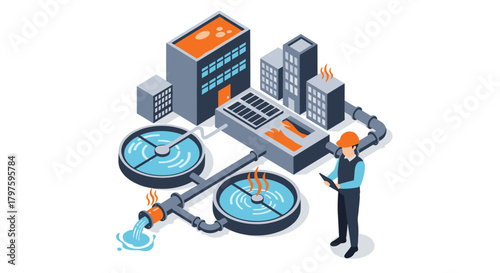 Modern water purification plant illustration with engineer inspecting operations at a contemporary facility ensuring clean water access globally