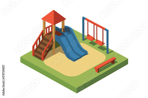 Colorful playground structure featuring a slide, swings, stairs, and bench in a public park