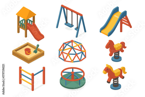 Colorful isometric playground equipment set featuring slides, swings, sandbox, climbing dome, and merry-go-round