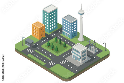 Isometric city block with modern buildings, roads, park area, and communication tower