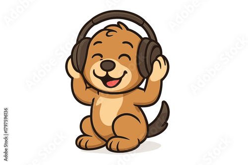 Cute cartoon puppy dog mascot listening to music with large headphones and smiling happily