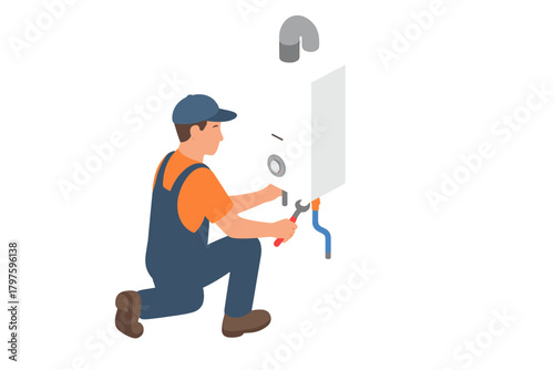 Service technician performing maintenance on a residential water heating system