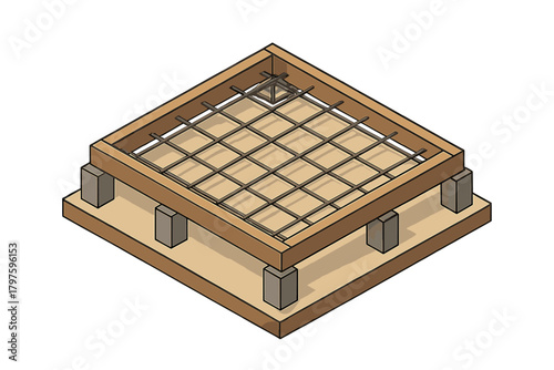 Isometric concrete slab foundation preparation with wooden formwork and steel rebar grid