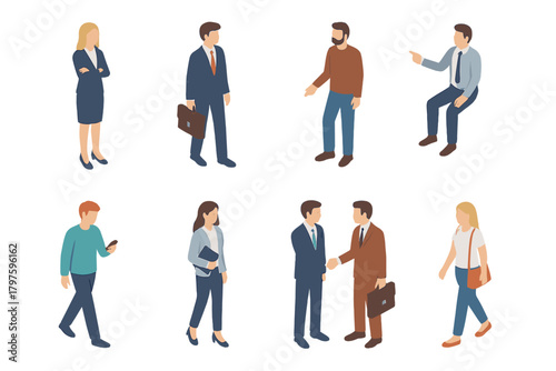 Group of business professionals standing and interacting in different isometric poses