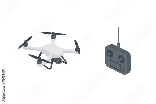 Modern white quadcopter drone with camera and gray remote control transmitter in isometric view