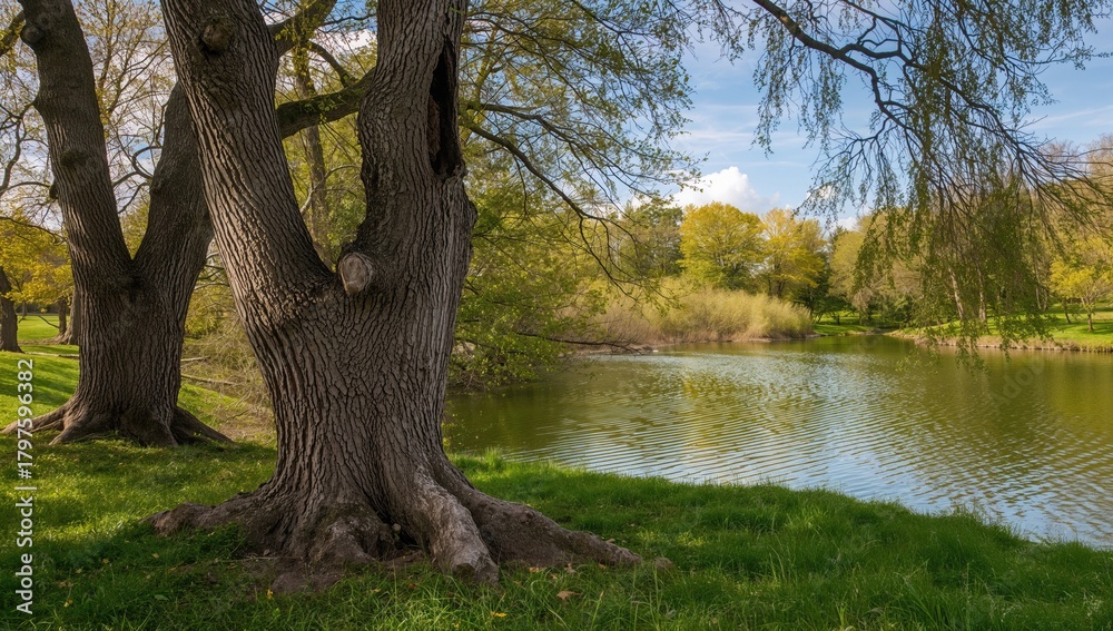 Fototapeta premium Thickly grown trees of varying sizes on a lush green lawn beside a pond with green water, seasonal change
