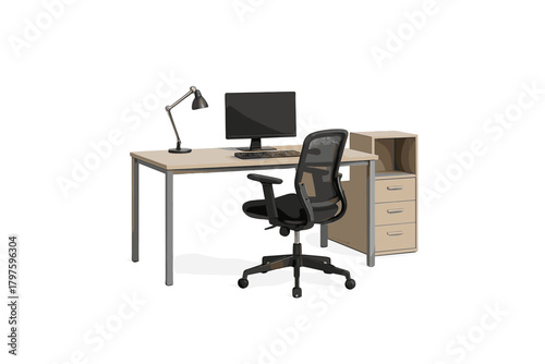 Modern home setup with wooden desk, ergonomic chair, computer monitor, and storage cabinet isolated on white