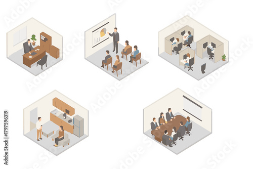 Isometric business scenes showing meeting, presentation, private desk, open space, and break room activities