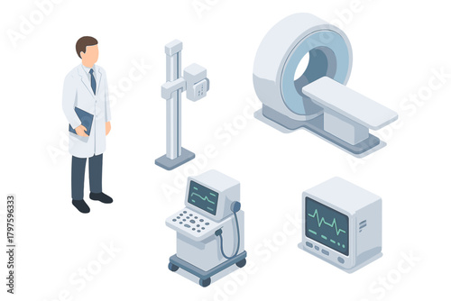 Isometric set of medical diagnostic equipment including MRI scanner, -ray machine, and doctor figure